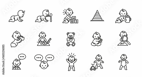 Baby Skills Line Icon Set – Toddler Crawling, Feeding, Motor Skills, Speech, Drawing, Exploration Vector

