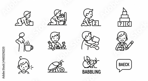 Baby Skills Line Icon Set – Toddler Crawling, Feeding, Motor Skills, Speech, Drawing, Exploration Vector

