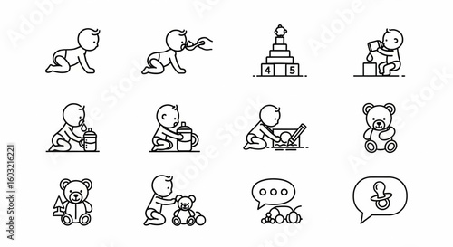 Baby Skills Line Icon Set – Toddler Crawling, Feeding, Motor Skills, Speech, Drawing, Exploration Vector

