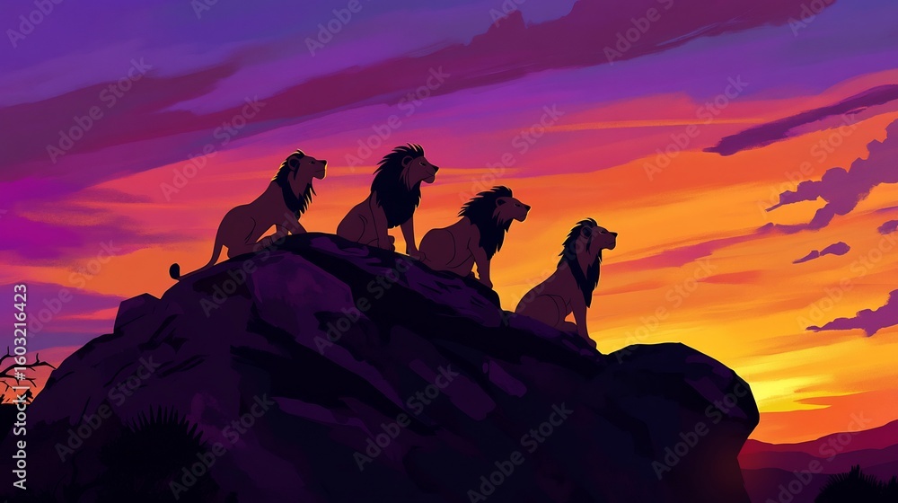 Fototapeta premium Family of lions lounging atop a rocky hill at dusk their silhouettes framed by a vibrant orange and purple sky each lion in a different relaxed pose as they watch the fading light
