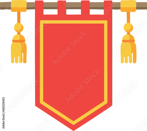 Red and yellow medieval hanging banner with tassels vector illustration design
