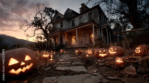 Wallpaper Mural Spooky Haunted House Under Full Moon With Glowing Jack-O'-Lanterns for Halloween or horror themes. Torontodigital.ca