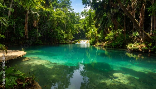 Lush tropical pool, sunlight filters through trees
