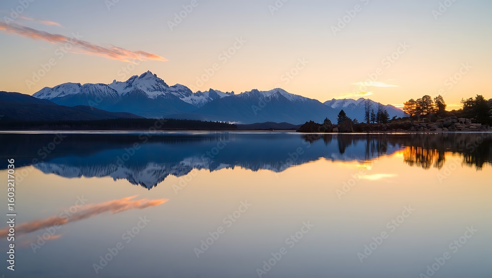 Fototapeta premium Majestic mountain range reflected in calm lake at sunrise