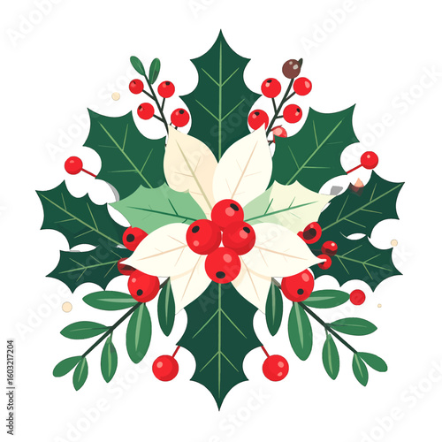 Christmas Floral Arrangement With Holly Berries And Poinsettia
