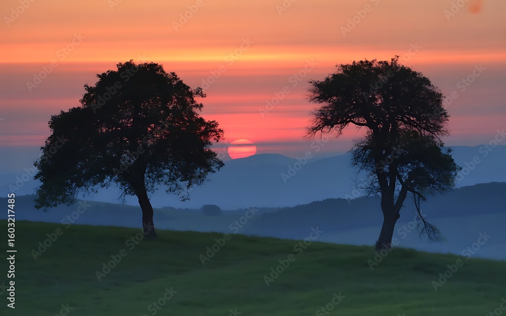 Obraz premium Silhouetted trees against a vibrant sunset sky