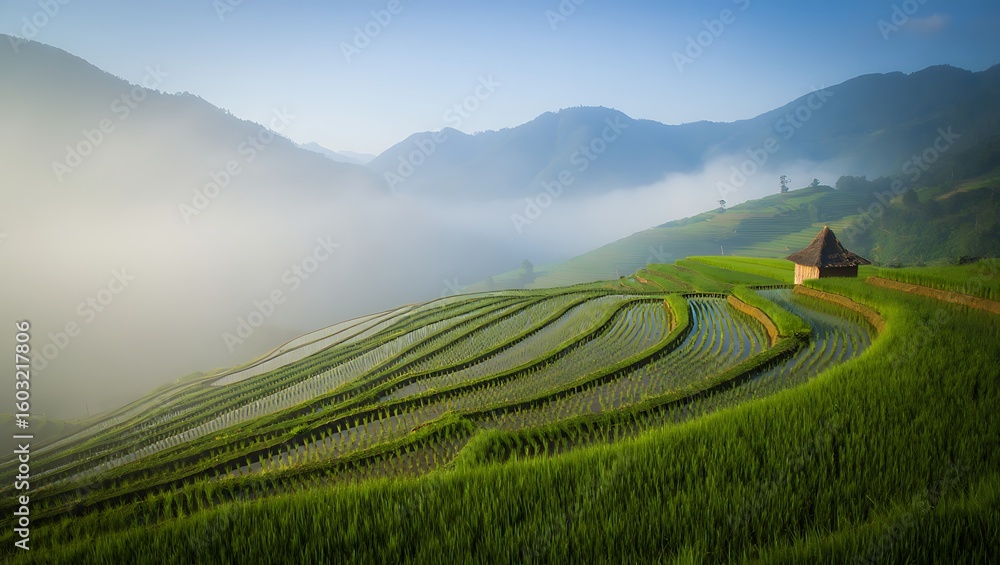 Fototapeta premium Misty mountain rice terraces with a small hut