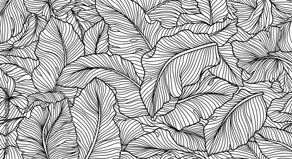 Fototapeta premium Black and white leaf pattern in intricate line art style 