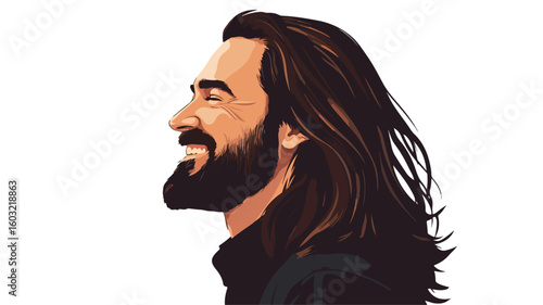 Brutal Man with Long Hair Smiling Portrait Side View