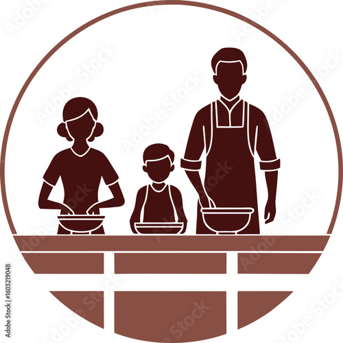 Family preparing food together in a kitchen with bowls and utensils cooking food preparation