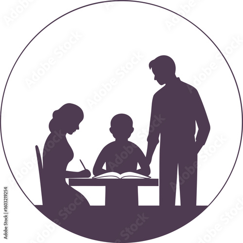 Silhouette family studying together at a table with an open book learning education