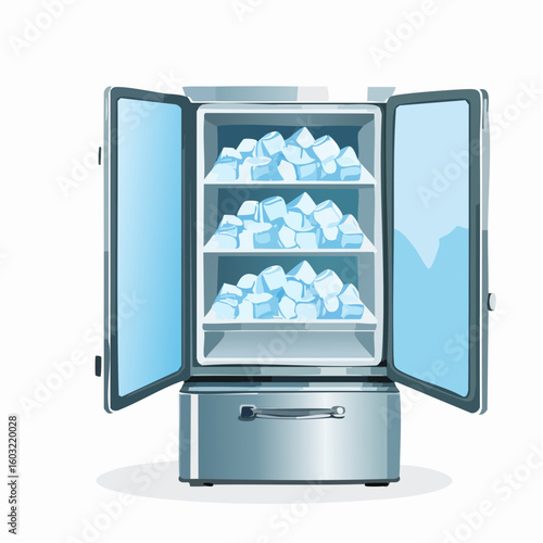 Refrigerator ice maker – Open freezer showing ice cubes in bin.

