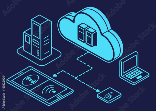 Blue isometric cloud server with connected devices