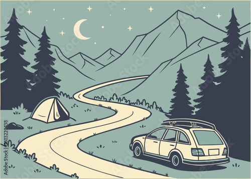 Flat vector landscape of a road trip with mountains and tent