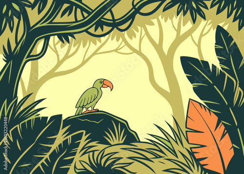 Green bird with orange beak on rock in lush jungle