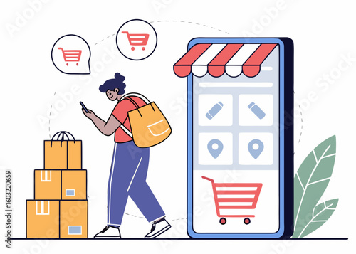 Person with shopping bags using mobile phone near delivery boxes