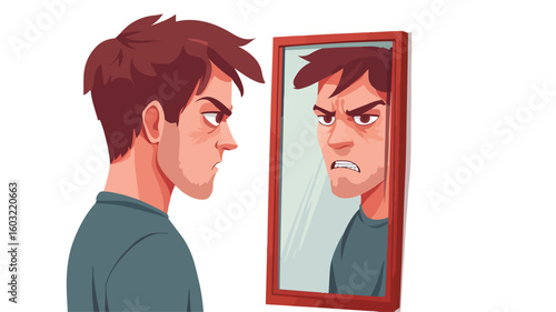 Depressed Man Criticizing Reflection in Mirror