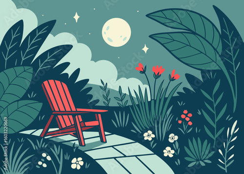 Red Adirondack chair in a moonlit garden night moonlight