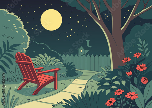 Red Adirondack chair in a moonlit garden night stars