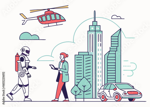 Robot and person interact in futuristic city with helicopter and car