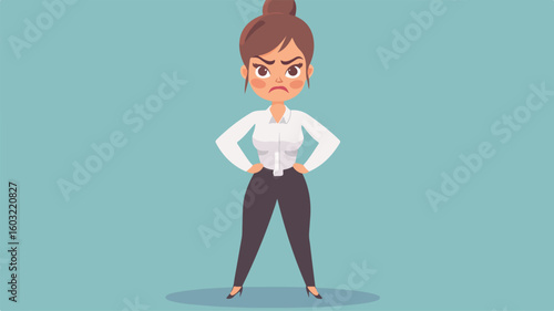 Confident office worker with hands on hips looking discontent in office setting
