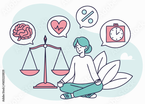 Woman meditating with symbols of mental health and balance