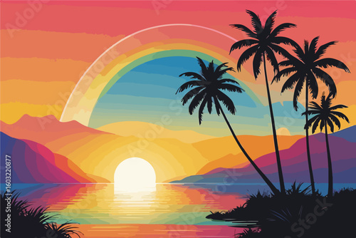 colorful rainbow sunset with palm trees and sea,tropical beach