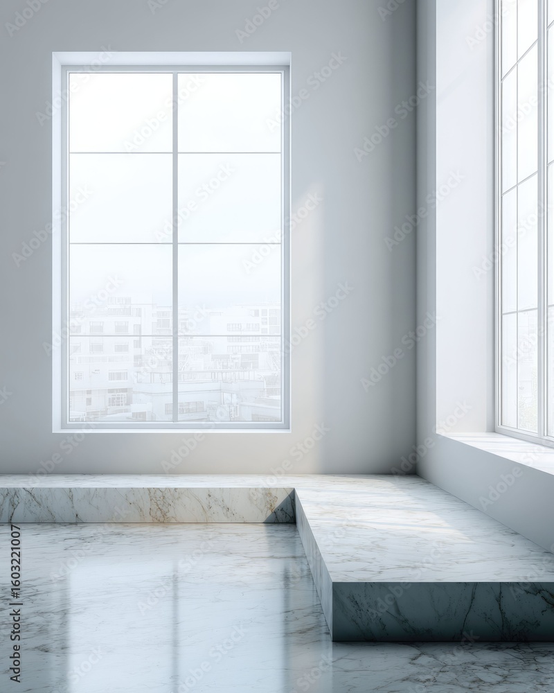 Obraz premium Modern Minimalist Room with Marble Accents and City View