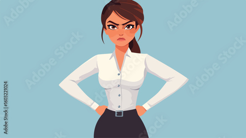 Confident office worker with hands on hips looking discontent in office setting