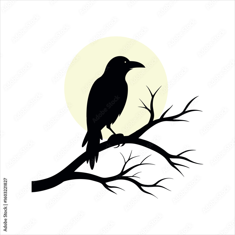 Obraz premium Bare Branch Holds Lone Crow Beneath Peaceful Moonlight silhouette Art Vector illustration
