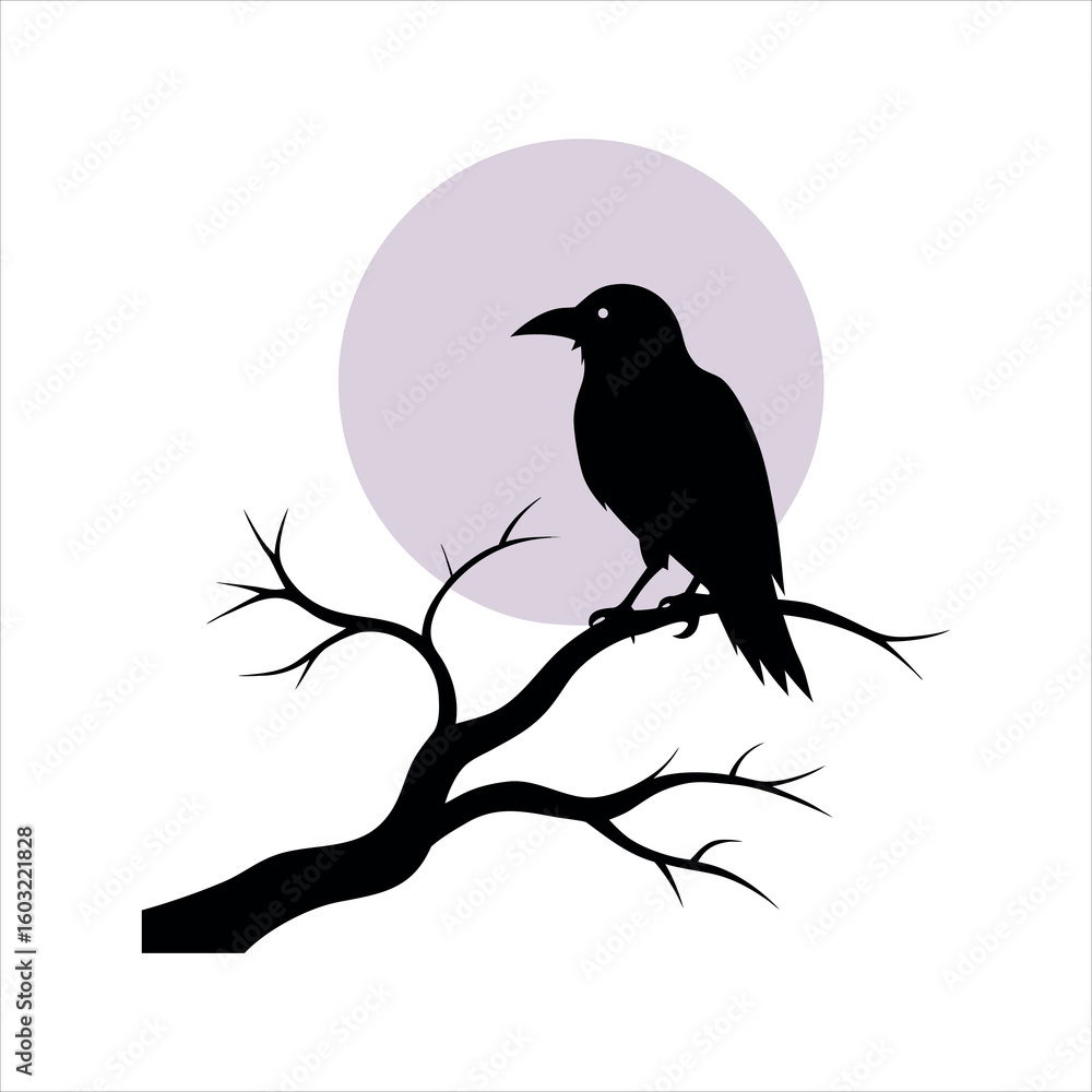 Fototapeta premium Solitary Crow Rests Under Night Sky with Bright Moon silhouette Art Vector illustration