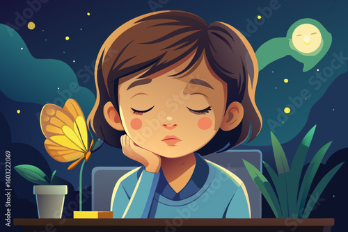 Girl falling asleep at her desk, leaning on her palm — tired but peaceful.