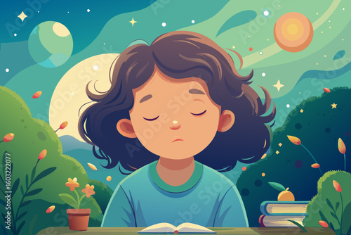 Girl falling asleep at her desk, leaning on her palm — tired but peaceful.