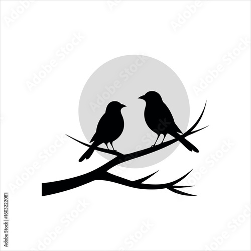 Birds Sitting Calmly on Branch Under Grey Moonlit Sky silhouette Art Vector illustration
