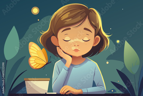 Girl falling asleep at her desk, leaning on her palm — tired but peaceful