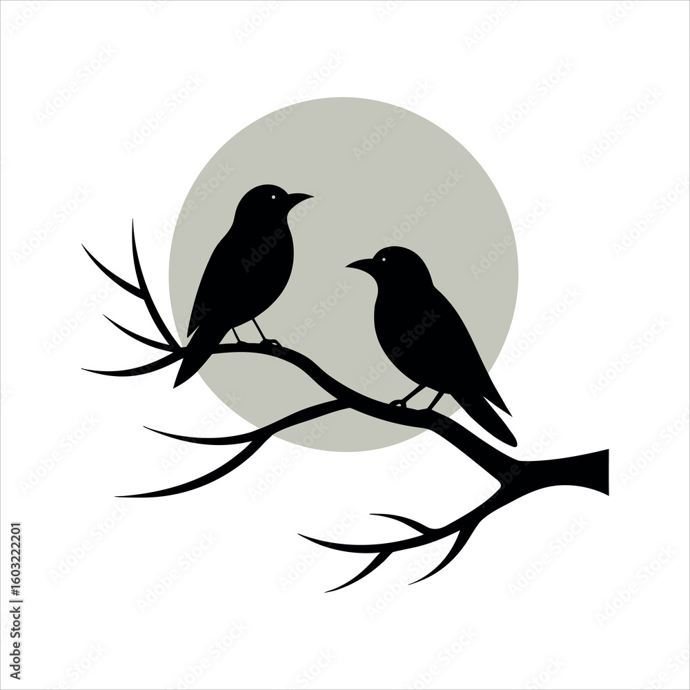 Fototapeta premium Serene Birds Perched on Branch Under Grey Night Moon silhouette Art Vector illustration