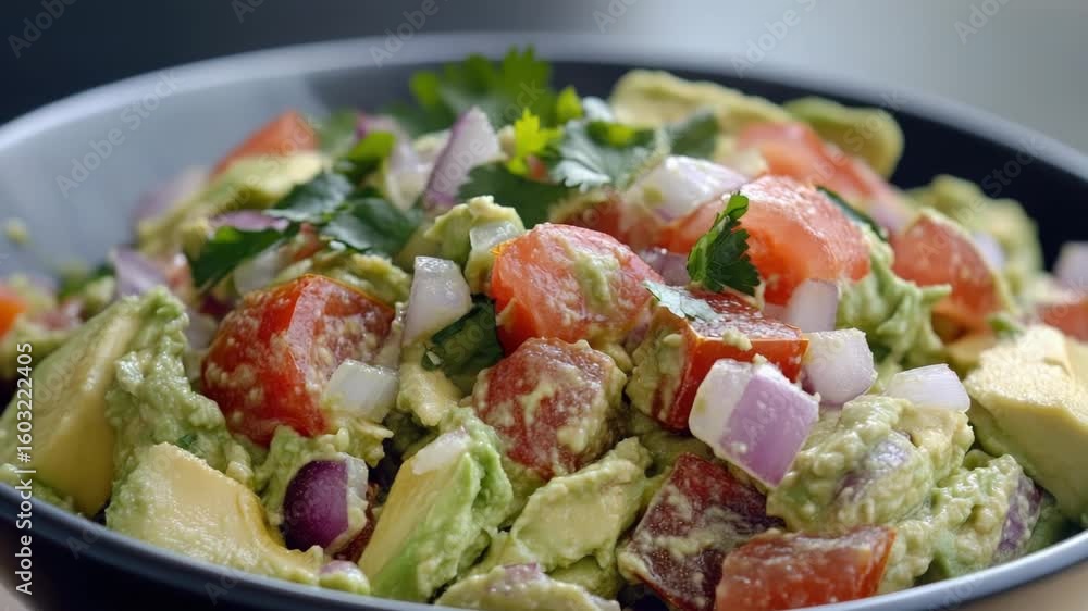 A fresh and healthy snack option featuring ripe tomatoes and crunchy onions atop creamy guacamole A fresh and healthy snack option featuring ripe tomatoes and crunchy onions atop creamy guacamole