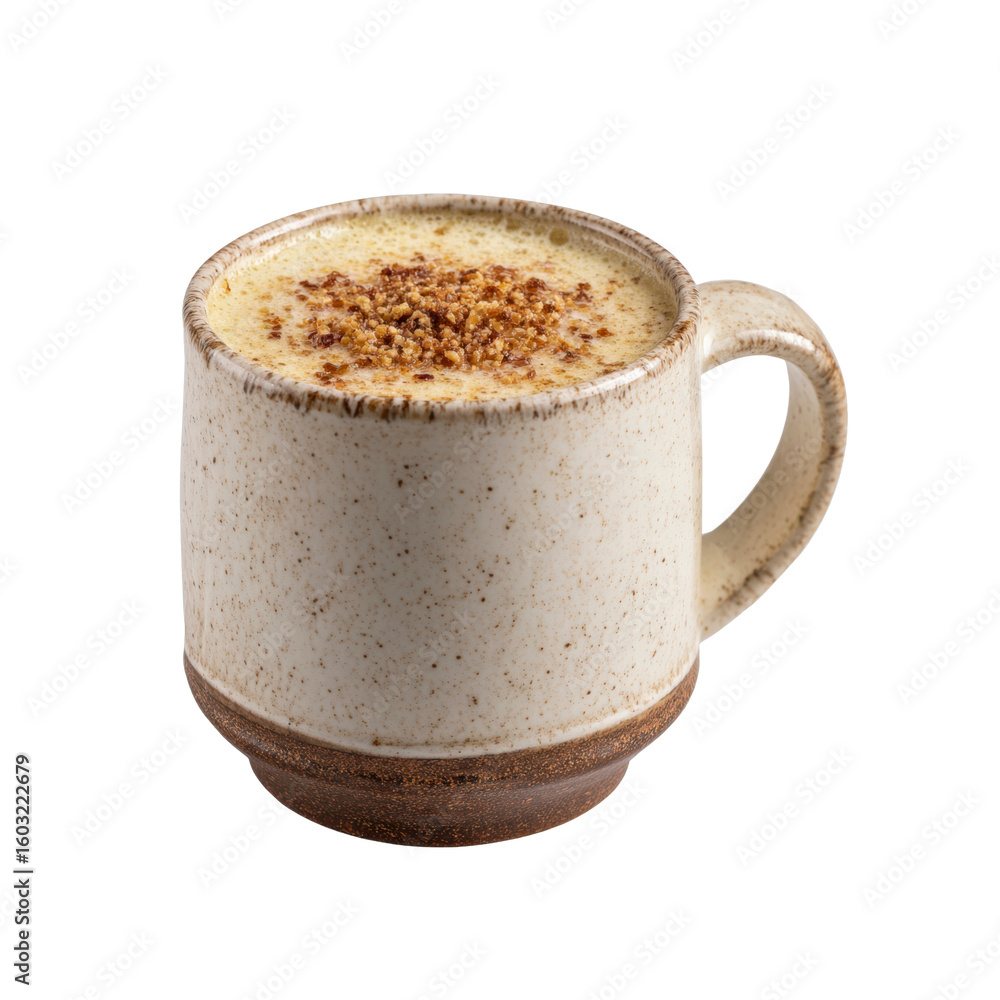 Obraz premium Creamy Turmeric Latte with Nut Topping in Rustic Mug