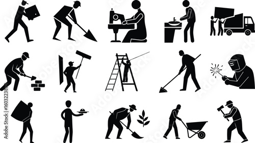 Collage of silhouette icons showing diverse manual labor and construction job activities isolated on transparent background