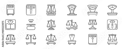 Various minimalist line art weighing scales and balance scales measurement weight