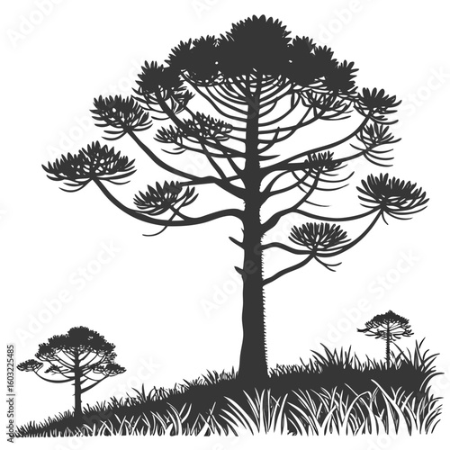 Silhouette of a majestic araucaria tree on a grassy hillside