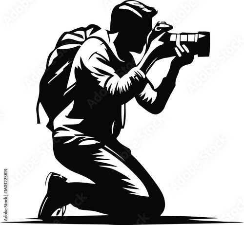 Silhouette of Photographer Kneeling with Camera and Backpack – Dynamic Vector Illustration for Design Use