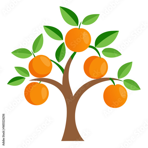 Stylized orange tree with ripe fruit and green leaves