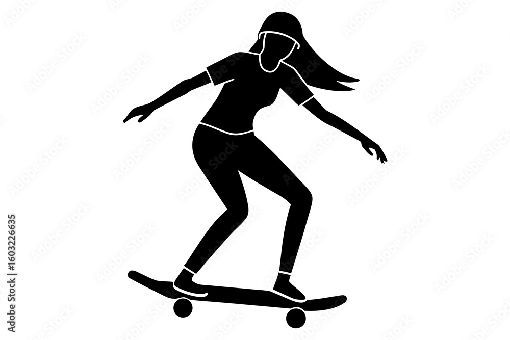 Cool Female Skateboarder Silhouette Cruising on Longboard – Vector Black & White Art Cool Female Skateboarder Silhouette Cruising on Longboard – Vector Black & White Art