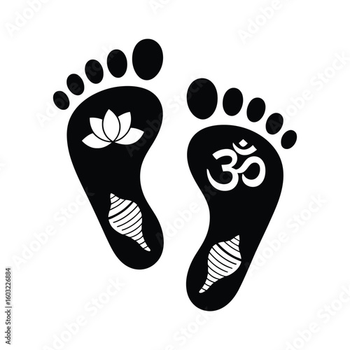 Black footprints with lotus om and conch white om symbol