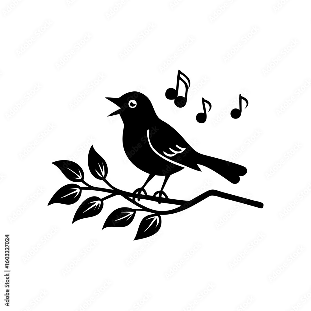 Fototapeta premium Illustration of a Singing Bird on a Branch with Musical Notes Around