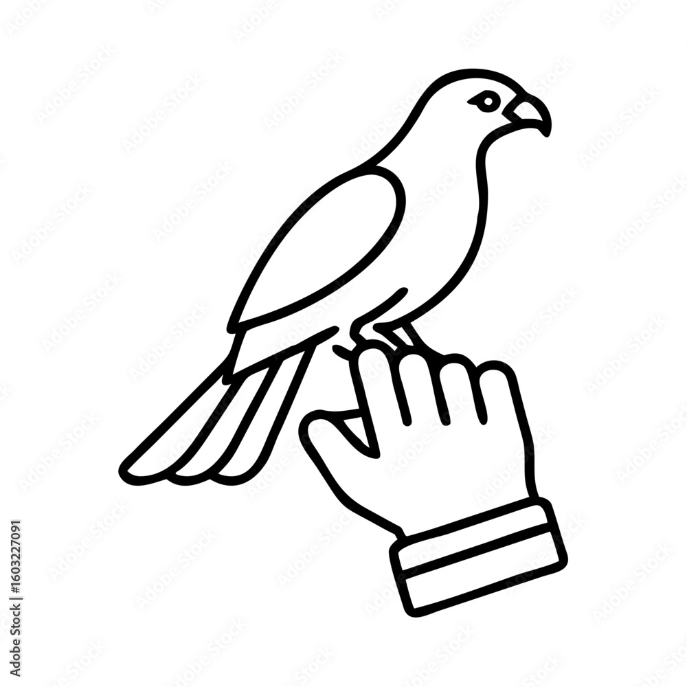 Fototapeta premium An illustration of a falcon bird sitting on a human hand in black outline