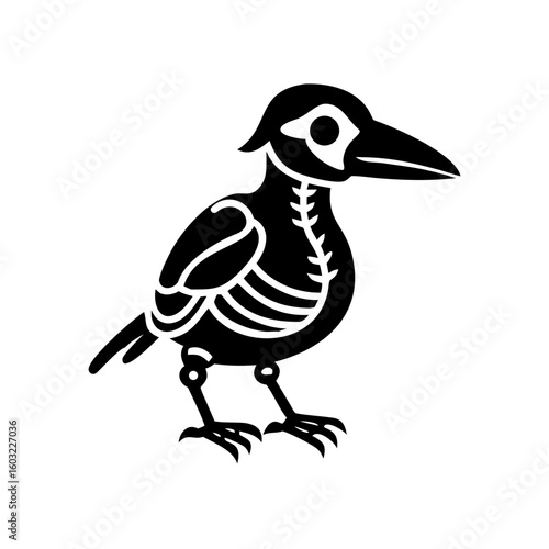 Stylized Illustration of a Crow with Visible Skeleton, Standing on White Background