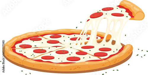 Illustration of a pepperoni pizza with a slice being pulled away and stringy cheese shown