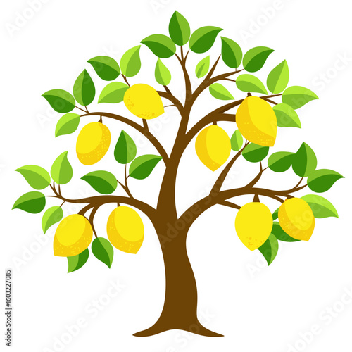 Cartoon lemon tree with ripe yellow lemons and green leaves